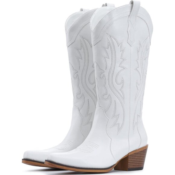 Shoes - ⚡Women White Faux Leather Western Cowgirl Chunky Heel Mid Calf Snip Toe Boots